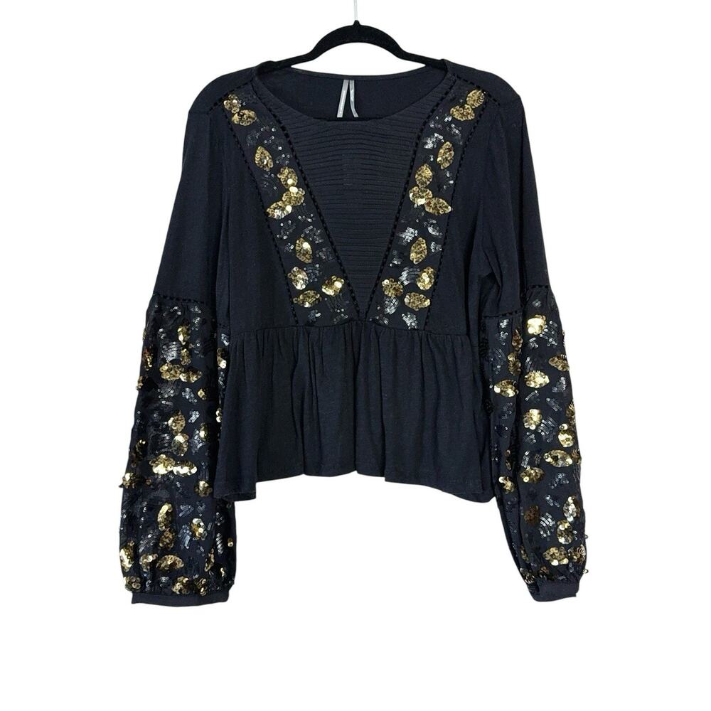 Anthropologie Black Gold Textured Peasant Sleeve Boho Loose Fit Top Size Medium
